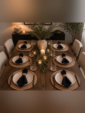 Natural woven jute placemat chargers + napkin ring set